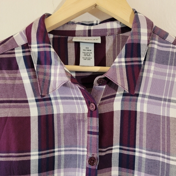 CATHERINES' Women Plus Sz 14/16 Brown/White Plaid  Button-Up Shirt Long Sleeve - Picture 3 of 12